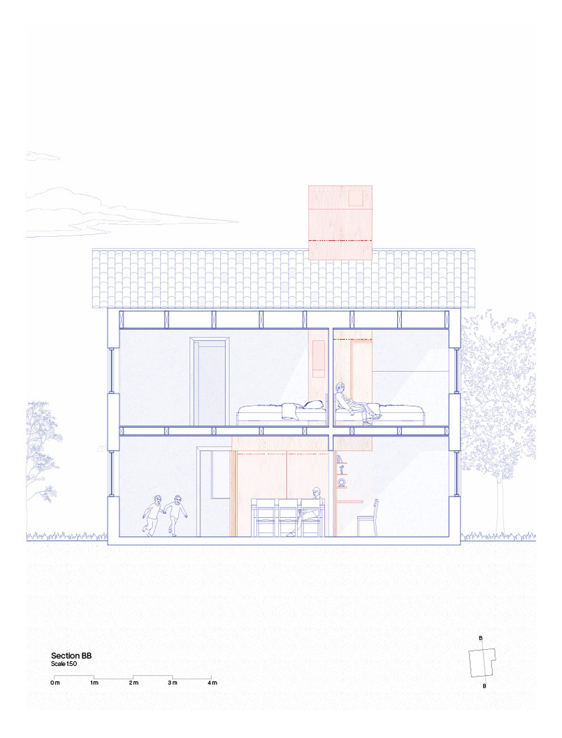 Inspired by the typology of the studiolo the core creates smaller more managable rooms within the established rooms to accomodate the needs of a person with dementia.