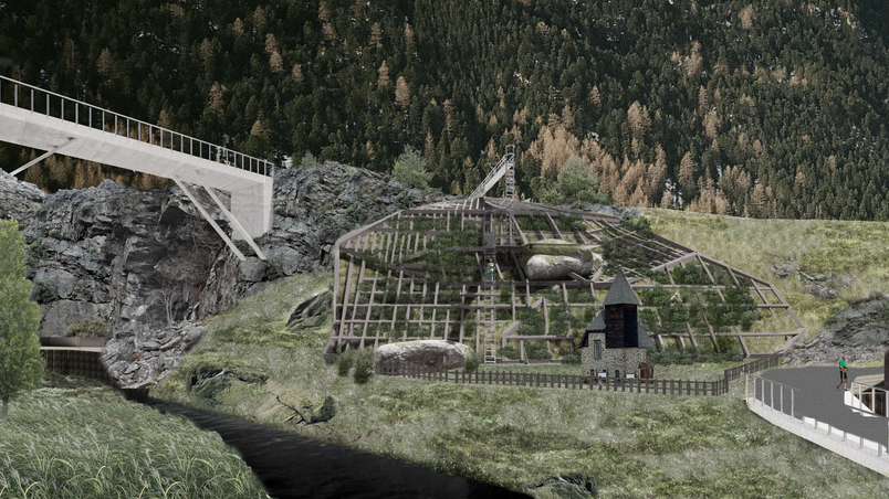 A retaining wall secures slope stability inside the village, while in-between spaces are used for farming.