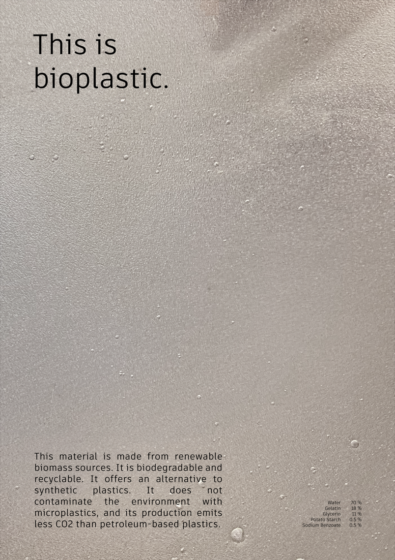 Poster made from bioplastic with text about bioplastic