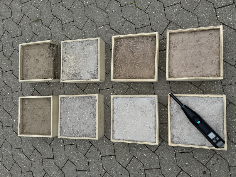 Material samples in square boxes