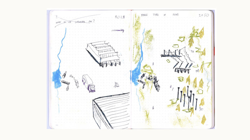 Sketchbook pages with colorful hand-drawn architectural concepts and notes.