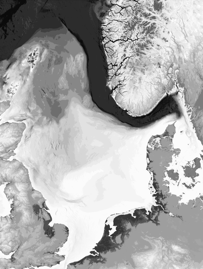 Black-and-white map of Scandinavia with detailed coastlines and terrain.
