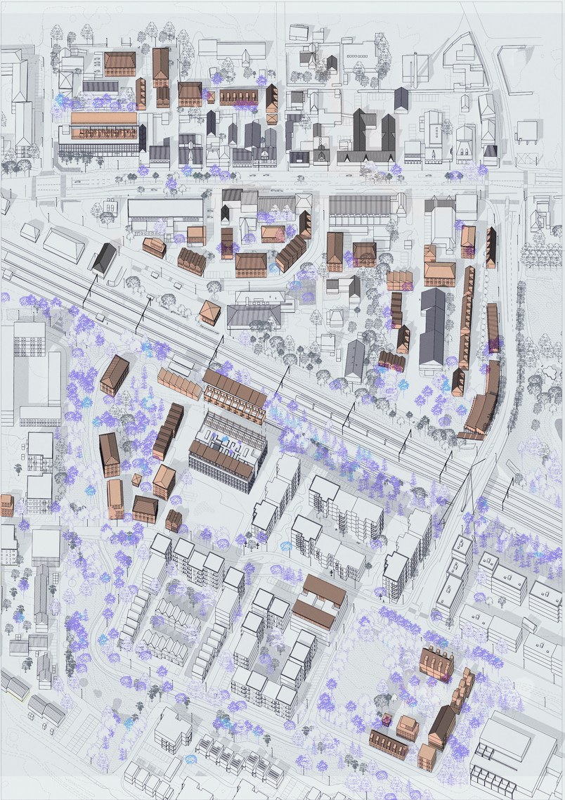 Colored city plan with buildings, roads, and green areas viewed from above.