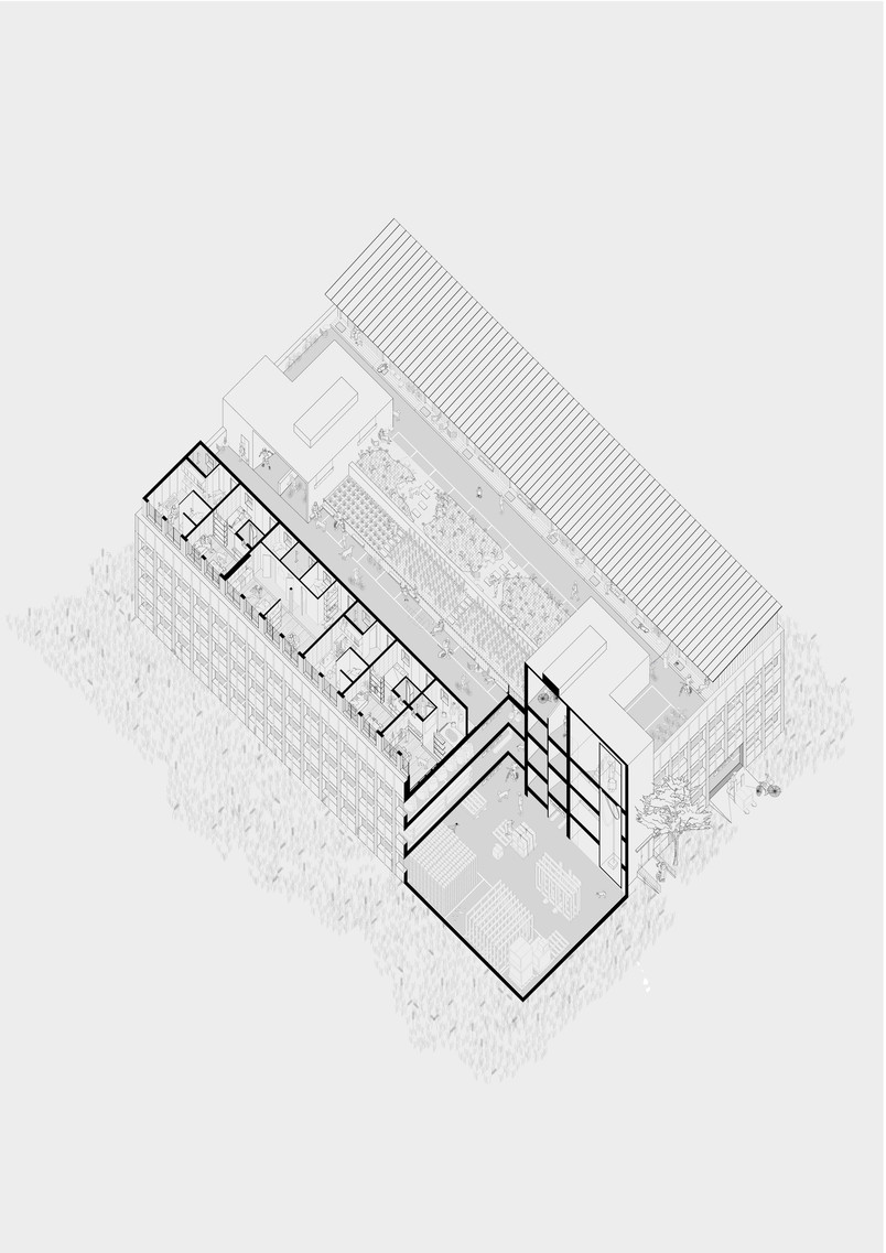 Isometric drawing of a building with highlighted rooms and detailed interior layout.
