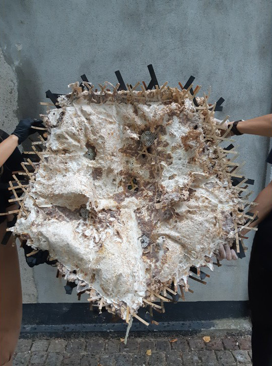 Two people hold a large, irregular structure made of organic material and wooden sticks.