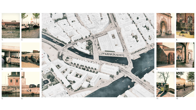 City map with river and bridges surrounded by detail photos.