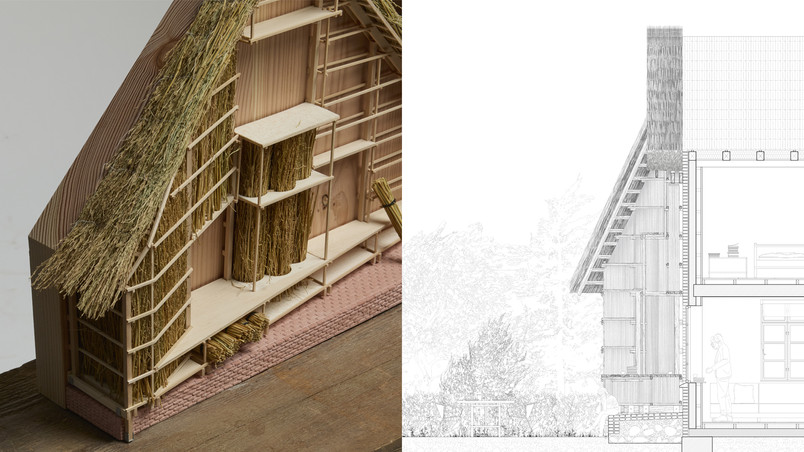  Model and drawing of a house with thatched roof and wooden structure.