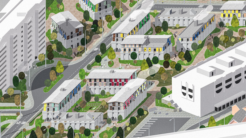 Colorful plan illustration of a residential area with green spaces.