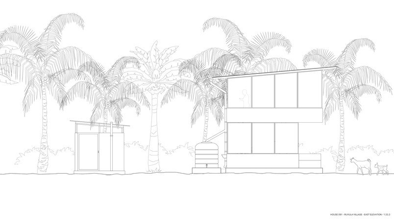 Elevation drawing of a two-storey building surrounded by palm trees.