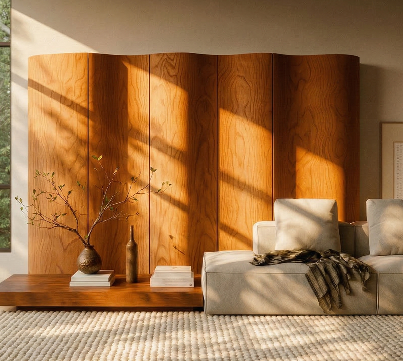 Sunlit living room with wooden panel wall, simple sofa, and decorative objects in natural materials.