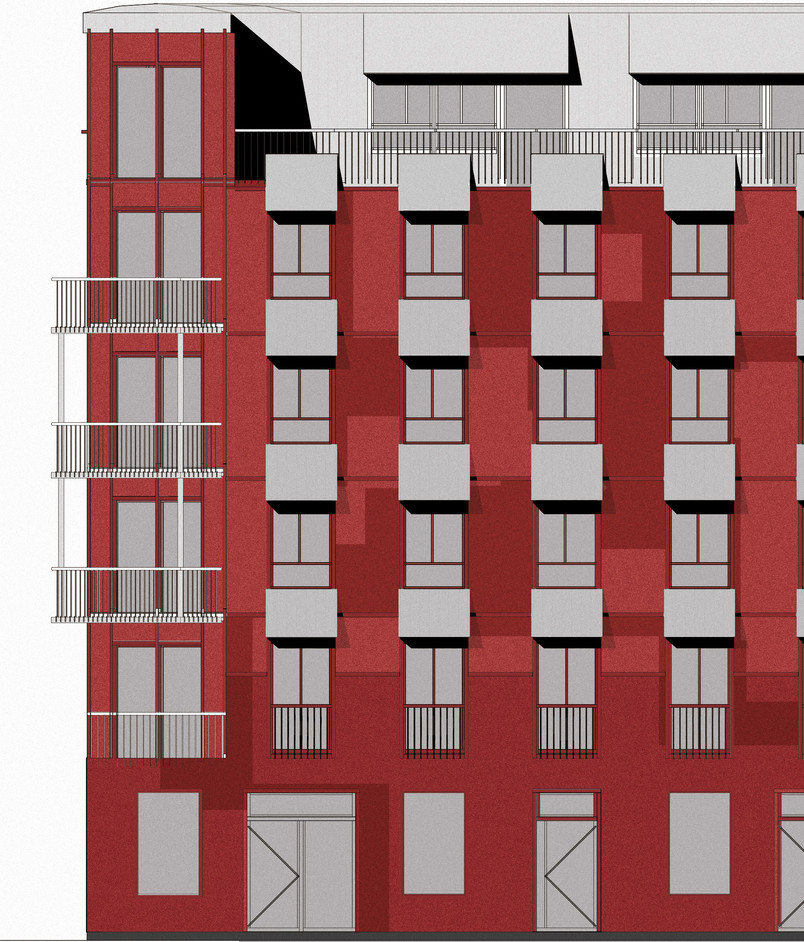 Facadeudsnit m. reparationer af den pudsede facade