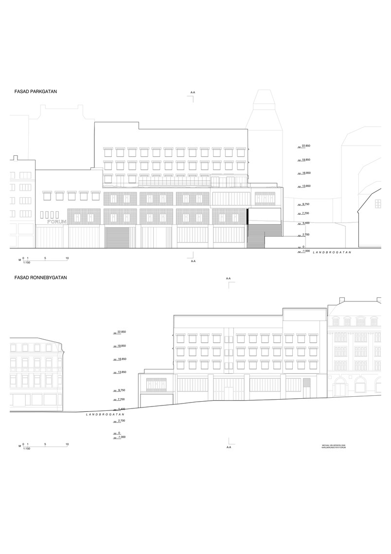 Fasader Parkgatan och Ronnebygatan
