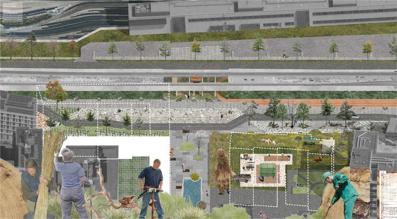 Axonometric collage of proposed urban life