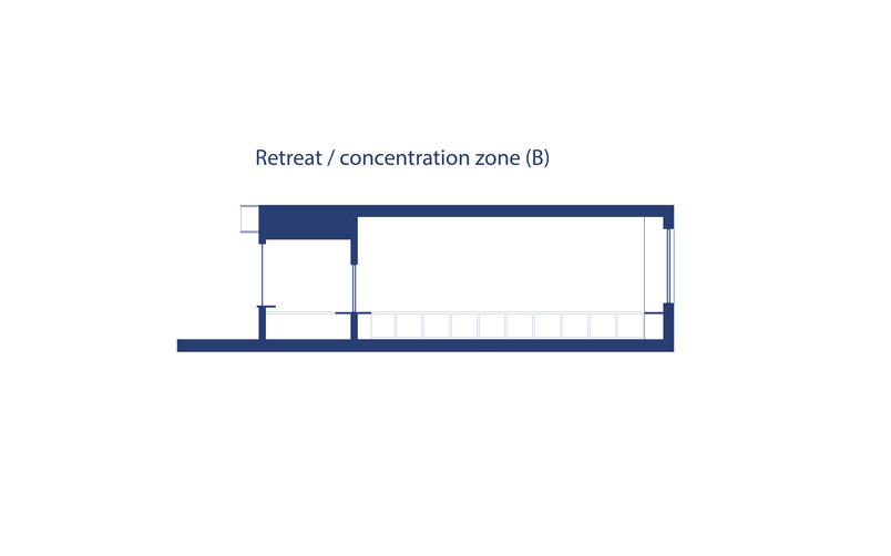 Section-diagramme of classroom retreat/concentration space, that can both function as an extension of the hallway and the classroom.