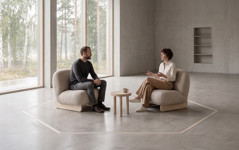 Marked field | A minimal boundary that turns an ordinary area into an intentional conversational space.