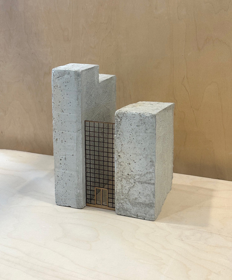Model, Støbte beton bygningsdele og lasercuttet glasparti