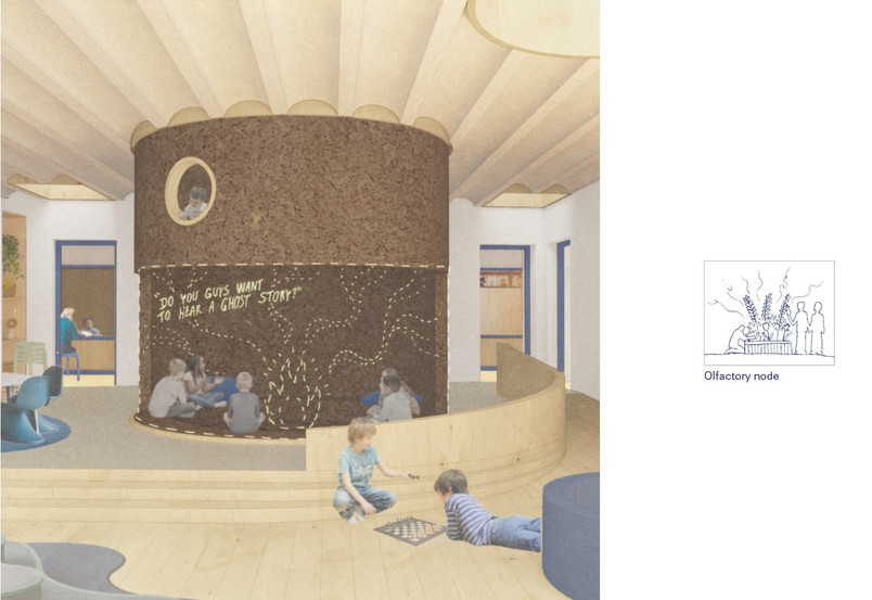 Visualization of common area of the primary school. In the middle of the open space is a round gathering zone made in the material burned cork. Here children are sitting in a circle telling ghost stories.