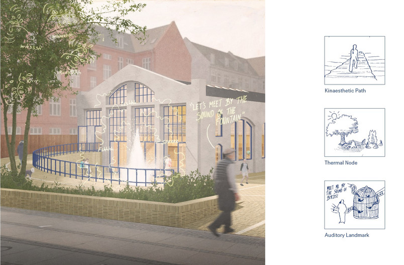 Visualization of Remisen front square with a fountain as a new auditory landmark and a sloped terrain around the entrance area creating an accessible entrance while providing shelter from the wind.
