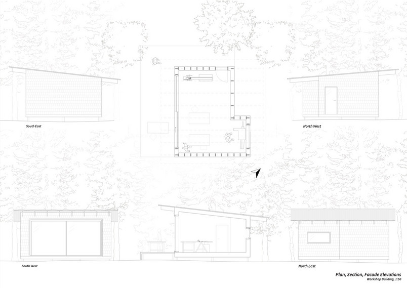 Plan, Section, Facade Elevations - Workshop Building, 1:50