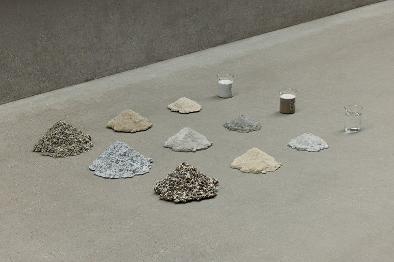 diagram of raw materials in concrete: line one, recasted in concrete: line two, recasted in recycled concrete: line three physical diagram of proportion in composition of concrete Photo: I DO ART Agency