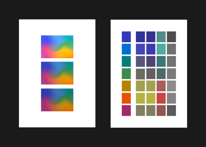 Picture showing two pages on a black background. Printed on paper are contrast checks, and colour palette adjustments for different types of colour blindness.
