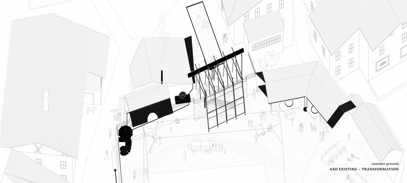 Axonometric view on the common grounds_ added structures in black 