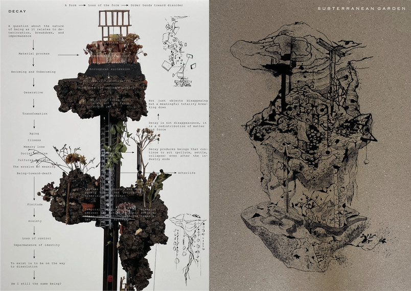 the diagram and drawing of first concept "subterranean garden" 