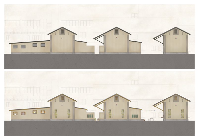 Facade of 'The Barnhouses', existing + proposal