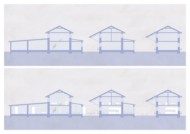 Section through 'The Barnhouses', existing + proposal