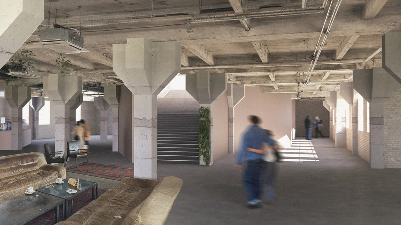 Industrial windows bring daylight into the core.