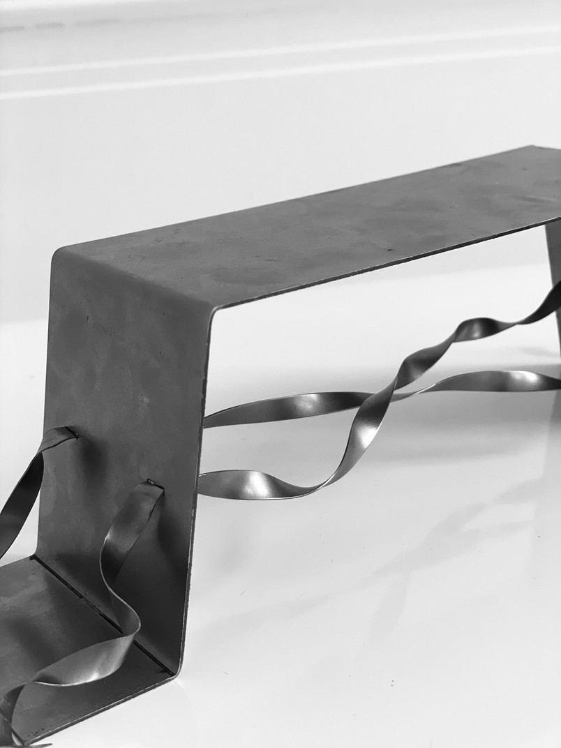 THE ROPE TRANSLATED .  SCALE MODEL OF A STEEL BENCH . ORIGINATING FROM THE PORTIKUS MOTIF  .  SITE-SPECIFIC SPATIAL CONCEPT . THORVALDSENS MUSEUM  