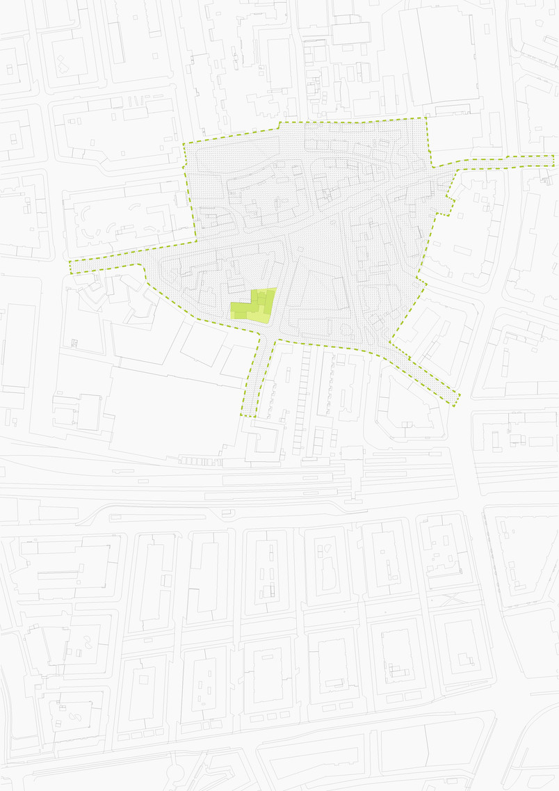 1:2000. Stiplingen markerer afgrænsningen af kulturmiljøet ”Valby Landsby”. Ensemblet og dets matrikel markeret med gulgrøn