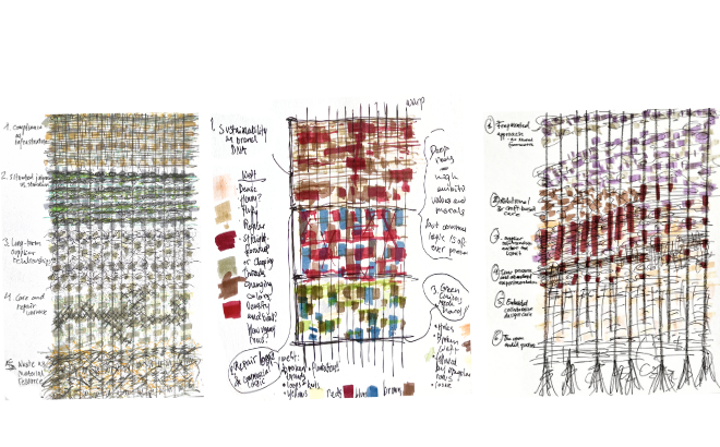 three sketches showing ideations for final woven pieces