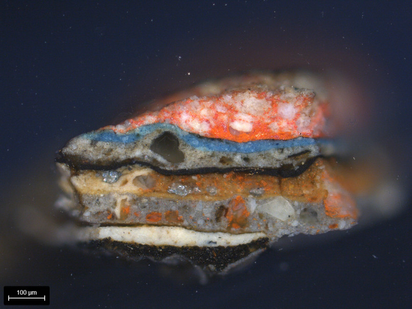Cross-section of paint layers on Sjørslev baptismal font
