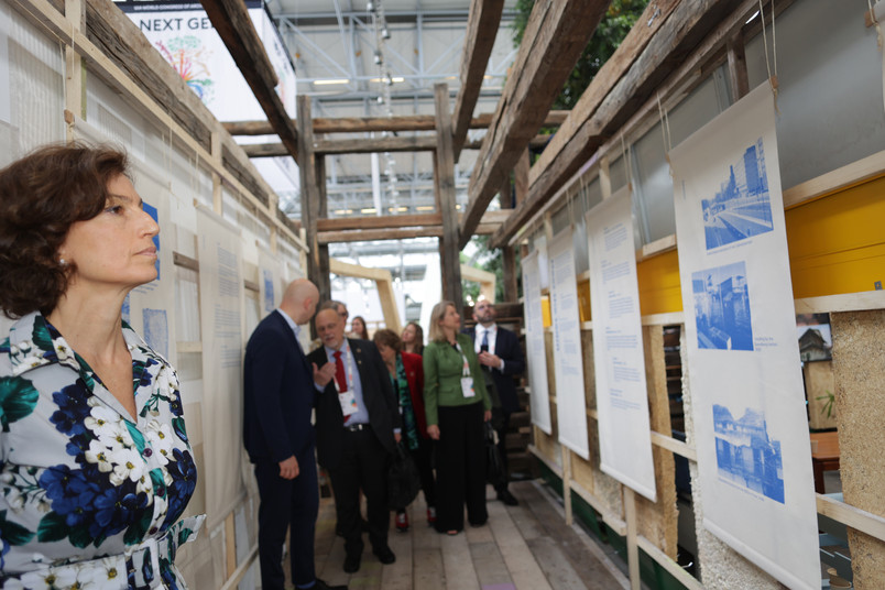 Woman looking at posters in pavilion