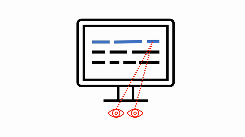 A screen showing a line of text, with words highlighted in blue as the reader's gaze, drawn as red dotted lines, lands on each one.