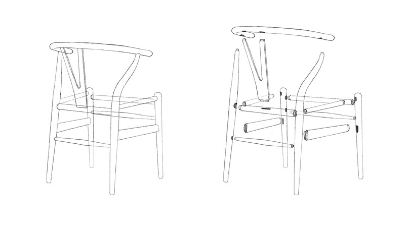Line drawings of the CH24 chair, shown fully assembled on the left and with its structural components separated on the right.