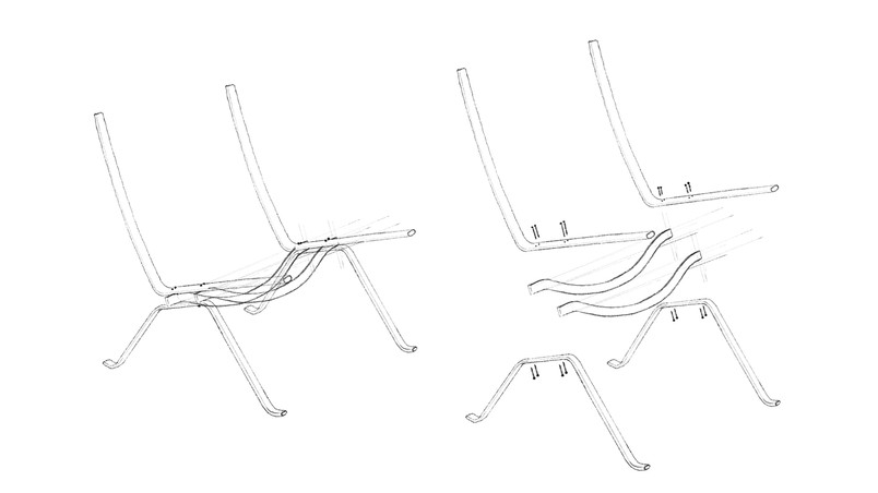 Line drawings of the PK22 chair frame, shown fully assembled on the left and disassembled into individual components on the right.