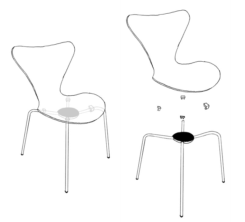 Line drawings of the Series 7 chair, shown fully assembled on the left and with the seat, frame and fittings separated on the right.