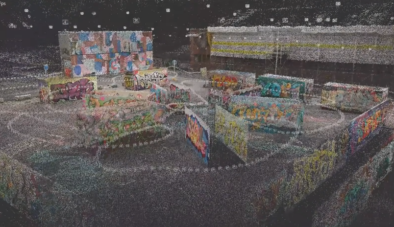 3D point cloud of a graffiti-covered concrete area with ramps and walls against a dark background.