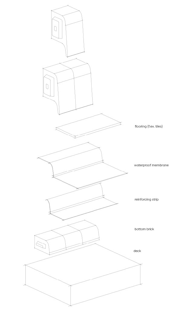 Exploded isometric of wall-floor junction