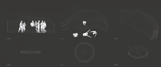 1:20 detail plan section and axonometry of the mosaik wall and the disco ring