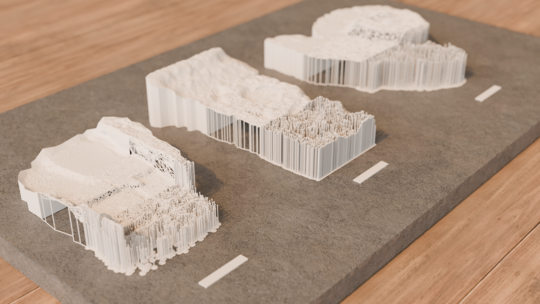 3D printed models showing the three stages of photogrammetry