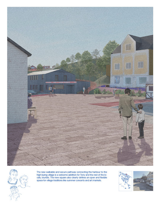 The new walkable and secure pathway connecting the harbour to the high laying village is a welcome addition for Tony and the rest of the local and tourists. The new square also clearly defines an open and flexible space for village traditions like summer concerts and art markets.