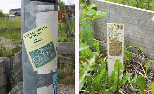Staged guerrilla ad sticker and trace-making sign