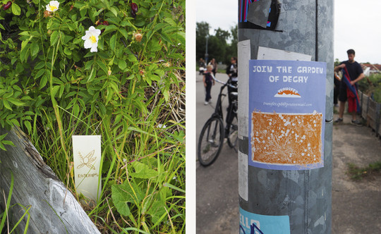 Staged trace-making sign and guerrilla ad sticker