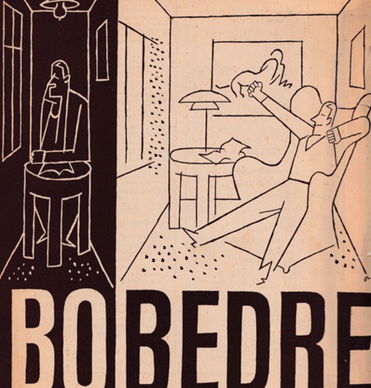 Line drawing in black and beige of a man sitting on a chair in a small room and a larger room, respectively. Text: Bo Bedre