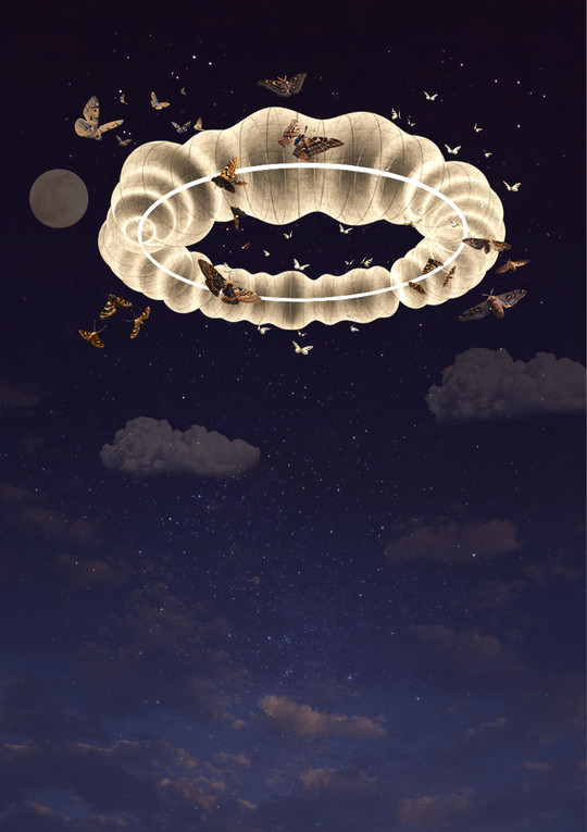 Graphic: Blue night sky with an oval glowing object surrounded by brown butterflies at the top