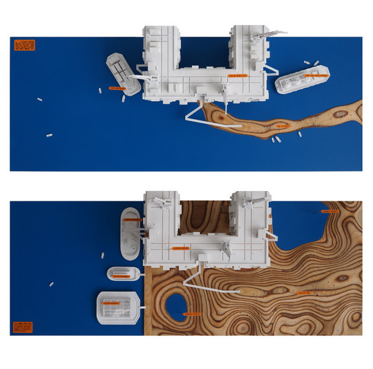 White architecture model on blue background