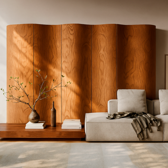 Wavy wooden wardrobe behind sofa with decorative objects.